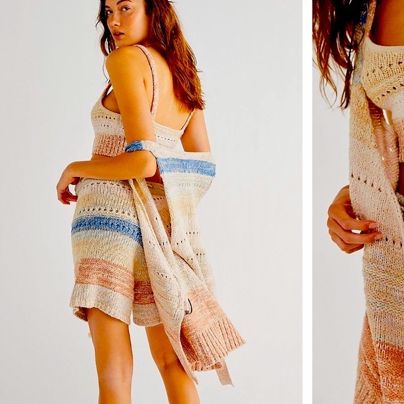 FREE PEOPLE SOUTHWEST SWEATER SET COTTON CROCHET KNIT IN SUNSET COMBO SIZE L - Picture 3 of 16